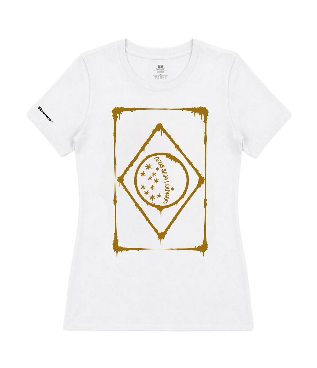 Camiseta Feminina Patmos Co. Bandeira do Brasil- Deus Seja Louvado